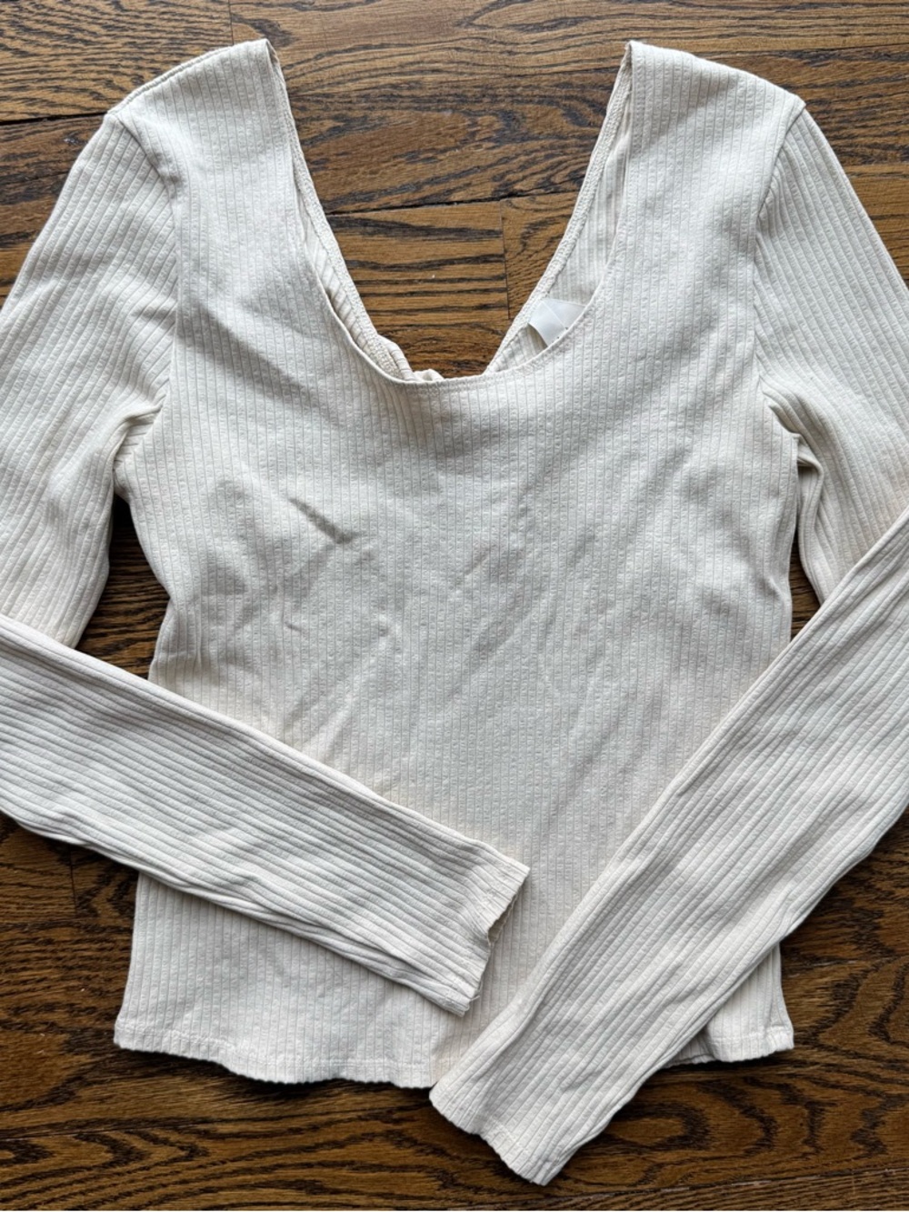 Pact Organic Cotton Ribbed Scoop Neck and Back Long-Sleeve Top - Ivory Bone M